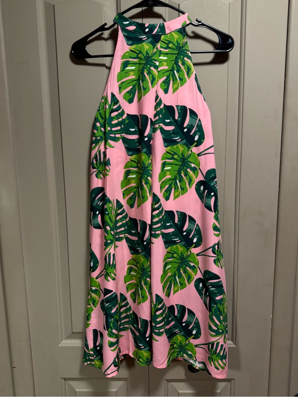 All For Color Pink Tropical Halter Dress with Green Leaf Print